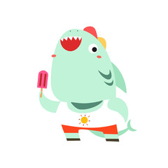 A cute happy shark with ice cream cartoon character for children scrapbook decorating isolated flat vector illustration. Hello sumretime. Happy vacation on the beach.