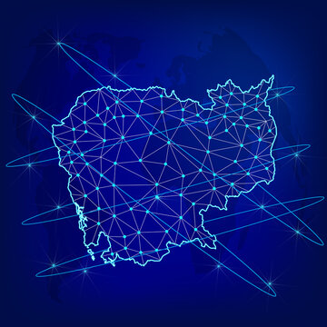 Global Logistics Network Concept. Communications Network Map Cambodia On The World Background. Map  Kingdom Of Cambodia With Nodes In Polygonal Style. EPS10.