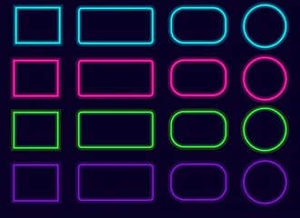 Neon geometric objects. Luminous, abstract, simple shapes. Fluorescent lights isolated on dark background. Template for design.Vector illustration.
