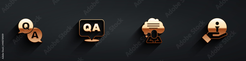 Poster set question and answer, , speech bubble chat and information icon with long shadow. vector