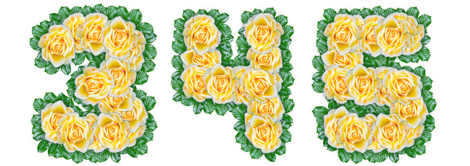 Numbers 3, 4, 5 made of yellow roses with green leaves on a white background