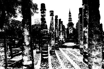 Ancient Ruins in Sukhothai World Heritage Site Black and white illustrations.