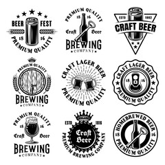 Beer and brewery set of nine vector monochrome vintage style emblems, badges, labels or logos isolated on white background