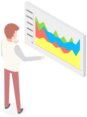 Visualize with business analytics. People work with statistical data analysis, changing indicators. Employees analyze statistical indicators, business data. Characters work with marketing research