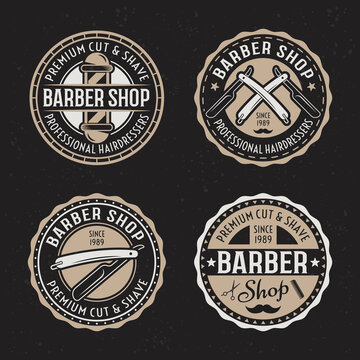 Barber shop set of vector round badges, emblems, labels or logos in vintage colored style isolated on dark background