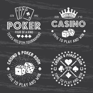 Poker and casino set of four vector light gambling emblems, labels, badges or logos in vintage style isolated on dark background