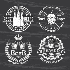 Set of for beer and brewery vector white emblems, labels and badges isolated on dark chalkboard with removable grunge texture