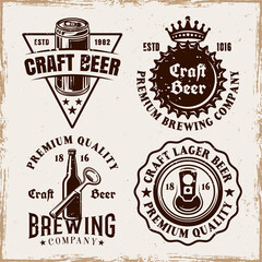 Brewery set of four vector emblems, labels, badges or logos in vintage style on background with removable grunge textures