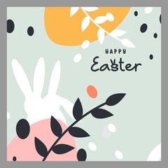 Happy Easter banner. Trendy Easter design with typography, eggs and bunny in pastel colors. Modern minimal style. greeting card, header for website