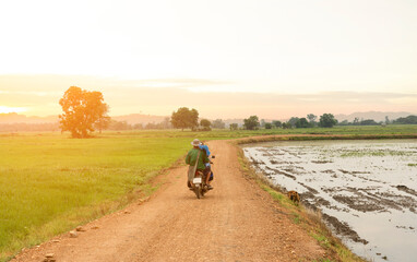 Farmers drive their motorcycles to the fields on beautiful nature background. rural dirt road, organic farming lifestyle, evening scenery on beautiful country road