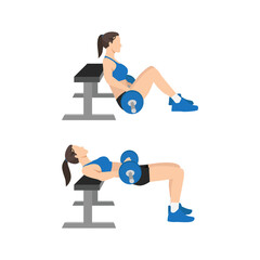 Woman doing Barbell hip thrusts exercise. Flat vector illustration isolated on white background