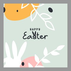 Happy Easter banner. Trendy Easter design with typography, eggs and bunny in pastel colors. Modern minimal style. greeting card, header for website