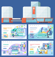 Patients undergoing treatment, diagnosis and consultation at hospital. Modern hospital building, healthcare system and medical facility. Medical website landing pages set. Online diagnostics concept