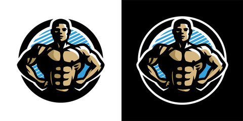 Posing athlete. Bodybuilding and fitness logo, on a light and dark background. Vector illustration.