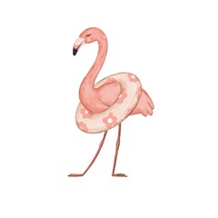 pink funny flamingo in a lifebuoy. Hello summer. cheerful summer tropical animal illustration. Cute animals 