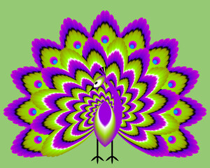 Peacock with green and purple tail. Optical expansion illusion.