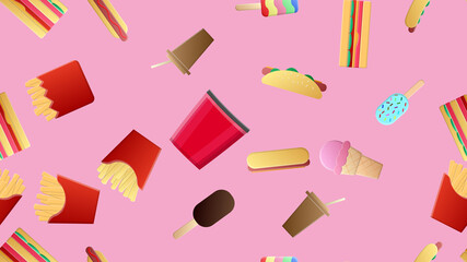Endless pink seamless pattern of delicious food and snack items icons set for restaurant bar cafe: fries, sandwich, ice cream, popcorn, drink. The background