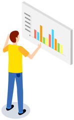 Visualize with business analytics. People work with statistical data analysis, changing indicators. Employees analyze statistical indicators, business data. Characters work with marketing research
