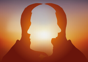 Concept du changement d’humeur d’un caractère bipolaire avec comme symbole deux profils, l’un sans expression, l’autre exprimant la colère.