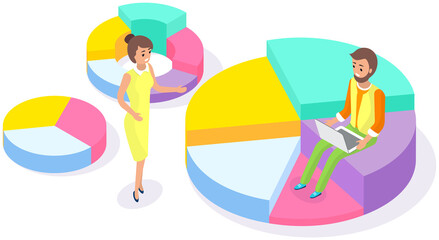 Visualize with business analytics. People work with statistical data analysis, changing indicators. Employees analyze statistical indicators, business data. Characters work with marketing research