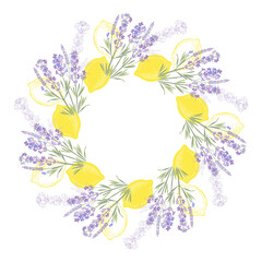 Lavender and lemons. Round floral frame. Vector layout decorative greeting card or invitation,  menu, element design background..