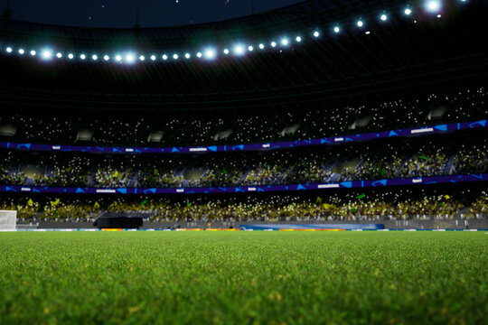 night soccer stadium arena with crowd fans . High quality photo render