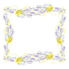 Fototapeta na wymiar Lavender and lemons. Square floral frame. Vector layout decorative greeting card or invitation, menu, element design background..