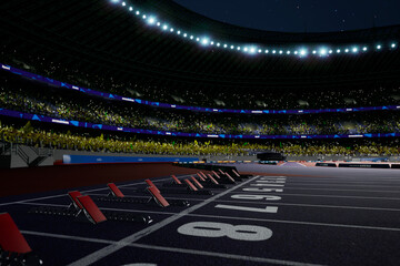 night athletic stadium arena with crowd fans . High quality photo render