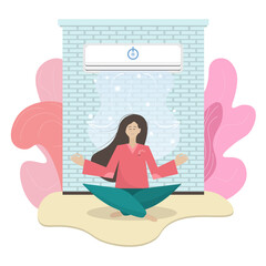 The girl meditates in a cool room with a working air conditioner. The lotus position in yoga. Creating a comfortable temperature for training, yoga, air conditioning of the room. Isolated on white 