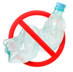 Crumpled plastic bottle on white background. Stop plastic