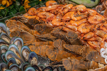 Thai seafood flavor mantis shrimp shrimp oyster and mussels / Cooked food served seafood buffet concept