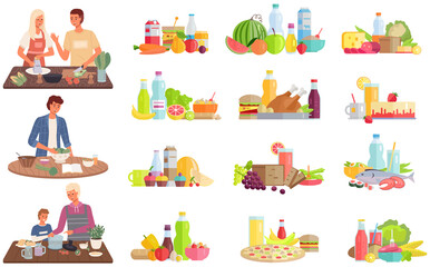 Set of illustrations about proper healthy nutrition and vegetarianism. Process of cooking meals without meat. Natural ingredients. People cook meatless meals. Characters preparing vegetarian food