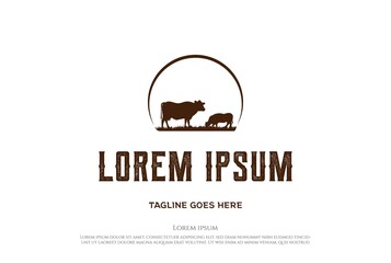 Sunset Sunrise Angus Cow Cattle Livestock Farm Logo Design Vector