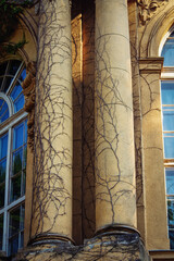 Close up shot of two stone pillars, columns of the Vajdahunyad Castle, currently the agricultural museum in Budapest, Hungary. Architecture concept.

