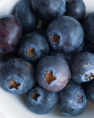 Freshly washed organic blueberries close up with selective focus