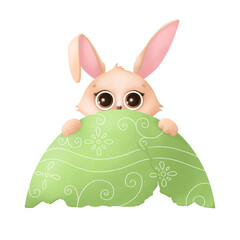 Cute Easter bunny hiding behind an Easter egg. Rabbit on a white background