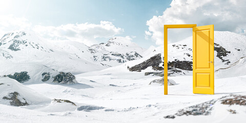 Surreal 3d Illustration of a Opened Yellow Door in the Middle of Snowy Mountains. - 440795476
