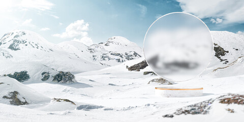 3d Illustration of an Blank Frosty Glass in the Middle of Snowy Mountains. - 440795489