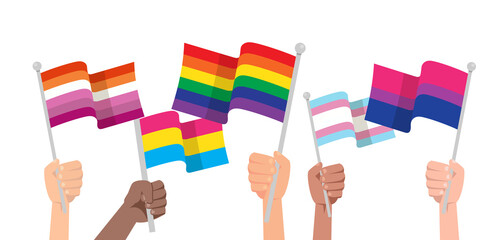 Hands with LGBTQ flag isolated on white background. Protesters, descrimination, human rights concept. LGBTQ community, pride month.   Vector stock - obrazy, fototapety, plakaty