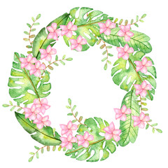 Watercolor composition of tropical flowers and leaves on a white isolated background hand drawing. Logo, packing, print fabric,cardmacing.