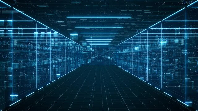 Data servers and data center concept. Motion graphic for abstract data center, data flow. Transferring of big data and storage of blockchain, server.3D Rendering.
