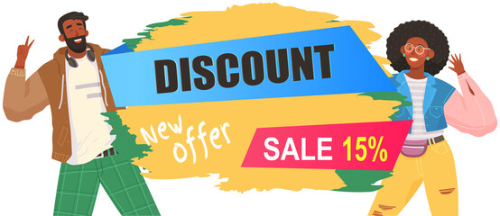 Obraz premium People on online shopping with big discounts. Best discounts up to fifteen percent in online store. Happy african american characters doing shopping. Woman and man are advertising store sale