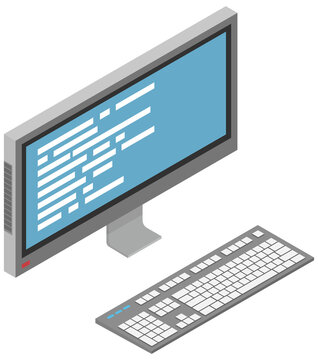 Workplace of office worker with code screen. Desktop with computer monitor and keyboard. Modern digital device electronic means of communications, computing machine, vector isometric projection