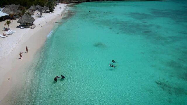  Cas Abou Beach on the Caribbean island of Curacao, Playa Cas Abou in Curacao Caribbean tropical white beach with the blue ocean. drone footage