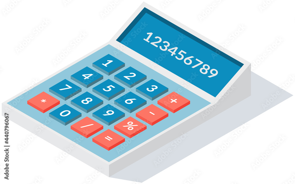 Poster Calculator isolated on white background. For web design and application interface, infographics. Device for calculating complex mathematical data. Calculator with buttons with numbers and math symbols