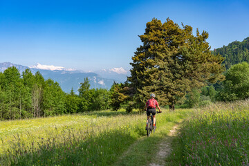Fototapeta premium nice, active senior woman riding her electric mountain bike at the slopes of Monte Velo in the Sarca Valley with Monte Adamello in background, Garda lake mountains, Trentino, Italy 