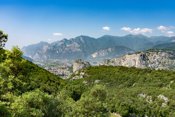 Fototapeta na wymiar Scenic view over Sarca Valley and the village of Arco in the Garda Lake mountains near Riva del Garda, Trentino, Italy 