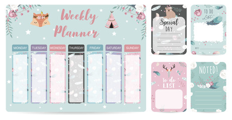 Weekly planner start on Sunday with bear cub,fox,wild,to do list that use for vertical digital and printable A4 A5 size © piixypeach