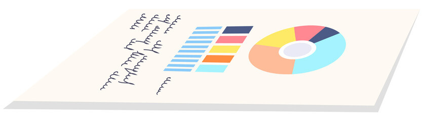 Sheet with information pie chart schema and color table. Document for working and business meeting in office. Paper report with statistical data financial indacators dynamic and mathematical graphics