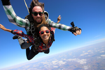 Tandem parachute jump. Beautiful Brazilian woman. - 440796464